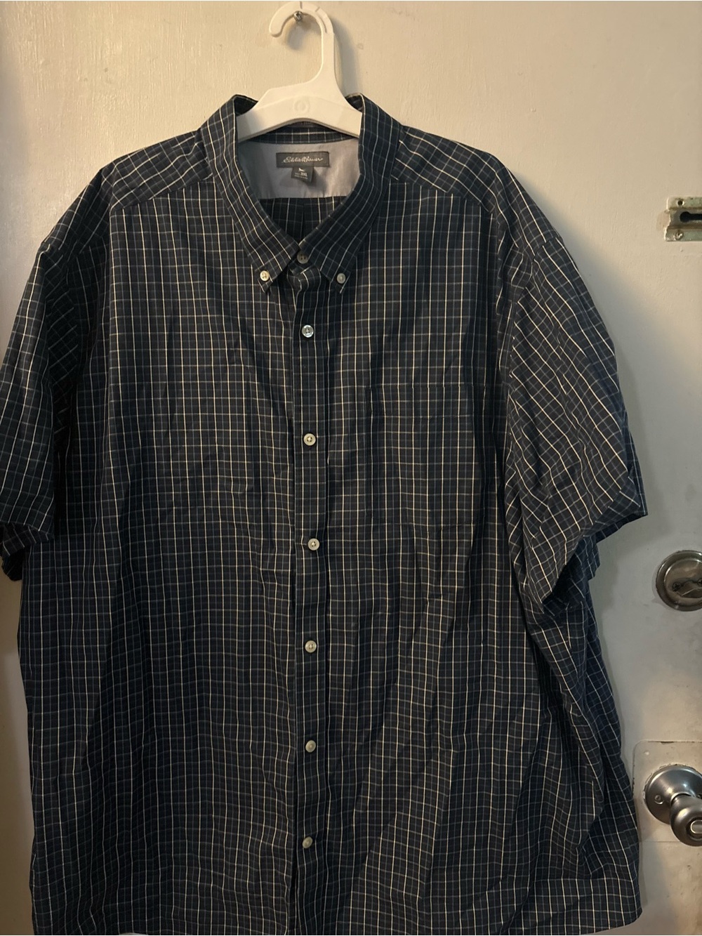 Eddie Bauer Navy and White Plaid (Grid) Short-Sleeve Button-Down Shirt